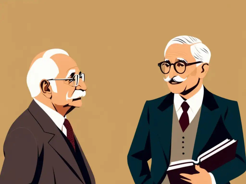 Dibujo detallado de Mises y Hayek debatiendo, representando la política de estabilización monetarista austriaca con gran detalle y expresión