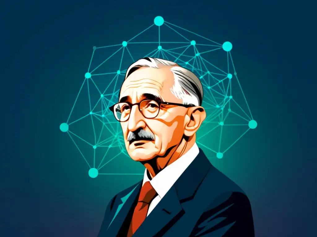 Ilustración digital de Friedrich Hayek y nodos de información dispersa Un dibujo digital minimalista de Friedrich Hayek rodeado de nodos interconectados que representan información dispersa, con un sutil degradado de colores en el fondo que transmite una sensación de complejidad y profundidad