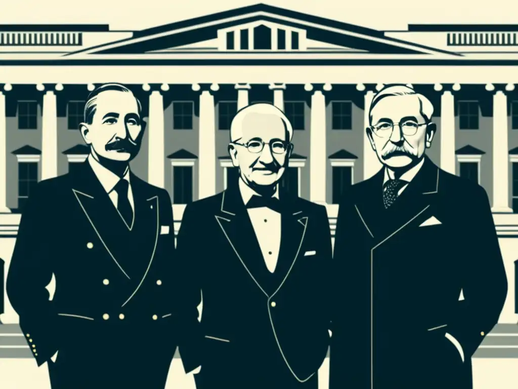 Ilustración digital de alta resolución en blanco y negro con prominentes economistas austríacos, Mises, Hayek y Menger, junto a arquitectura clásica