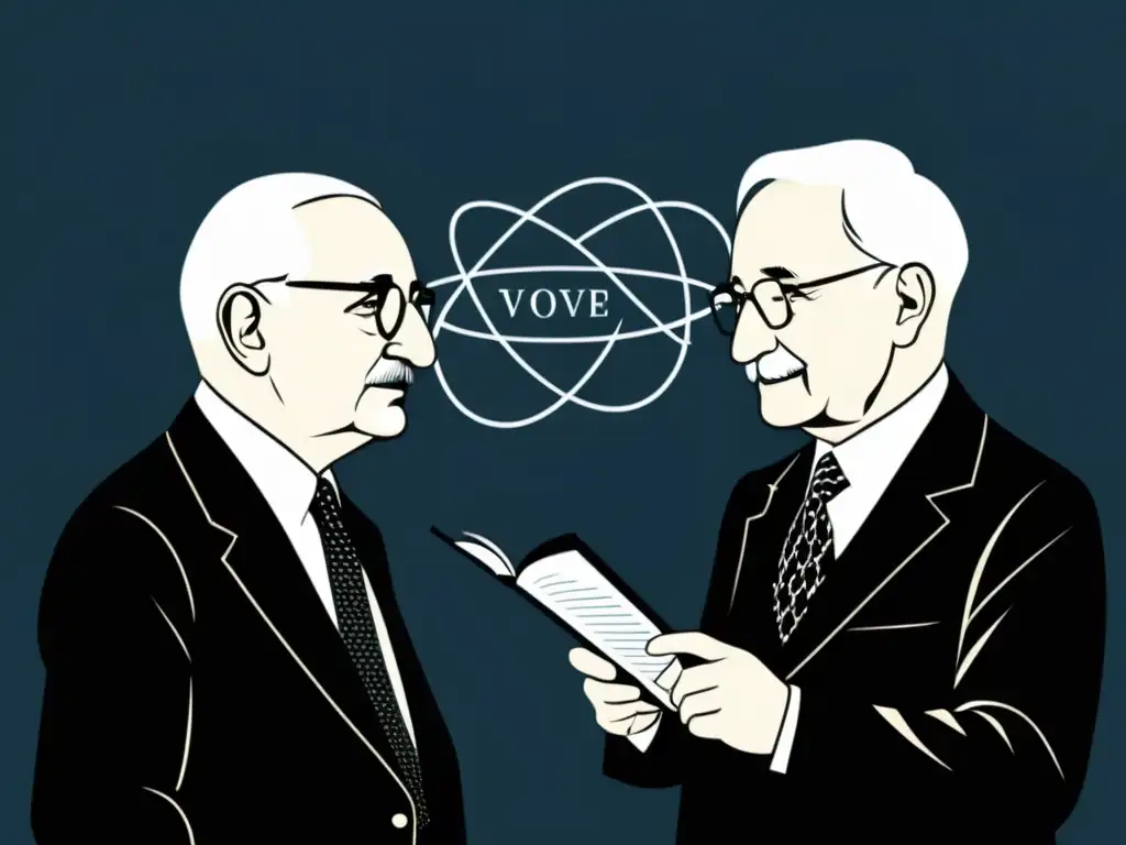 Ilustración digital impactante de Ludwig von Mises y Friedrich Hayek debatiendo rodeados de teorías económicas