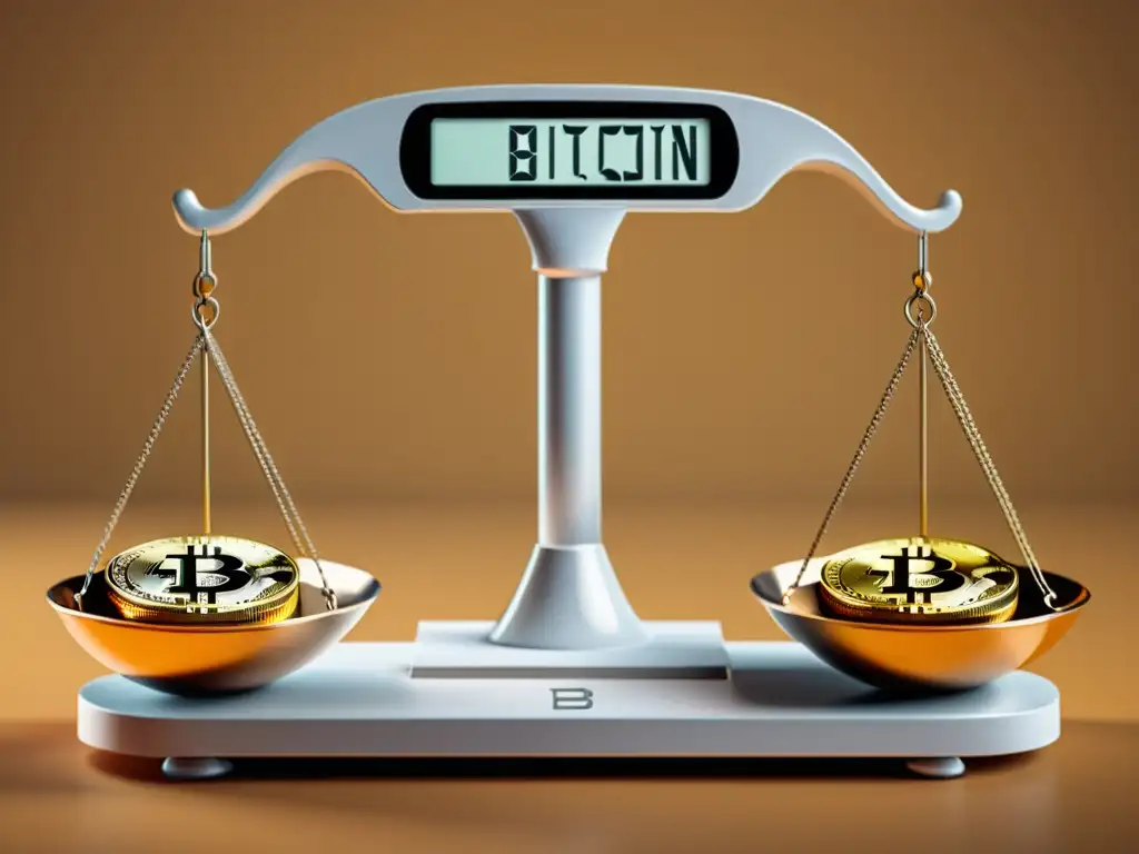 Una ilustración digital minimalista de una balanza con Bitcoin en un lado y moneda fiat en el otro, simbolizando la Perspectiva Escuela Austriaca Criptomonedas Bitcoin en equilibrio perfecto