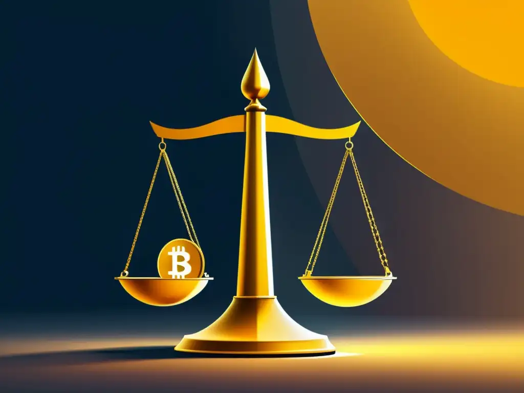 Una ilustración digital minimalista de una balanza dorada, con un lado cargado de instituciones financieras tradicionales y el otro lado elevado con diversas criptomonedas, simbolizando el cambio de poder y la libertad financiera a través de la descentralización