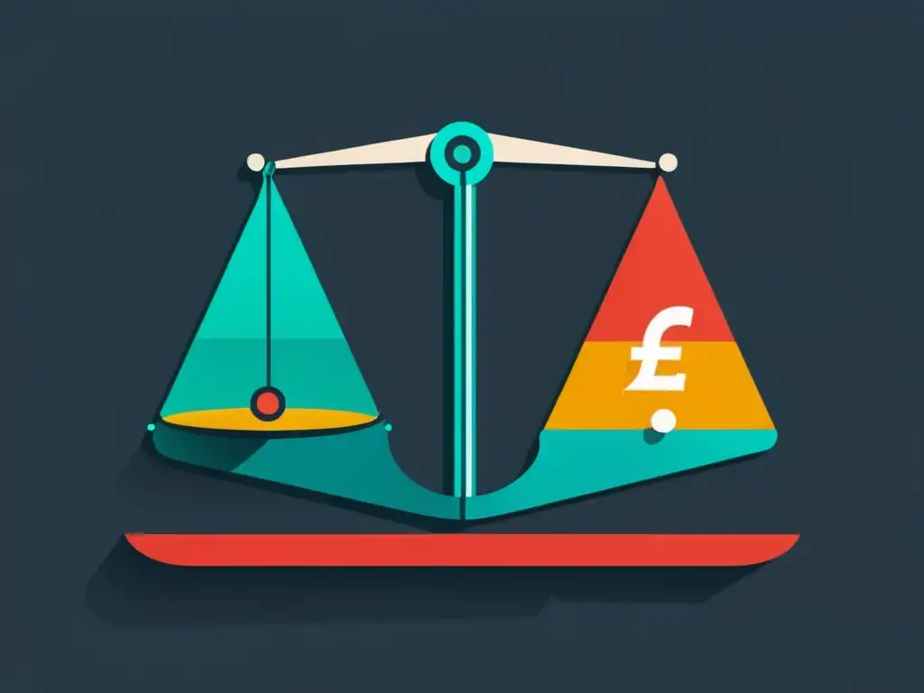 Una ilustración digital minimalista de una balanza equilibrada por indicadores económicos tradicionales y herramientas futuristas de IA para economía austriaca