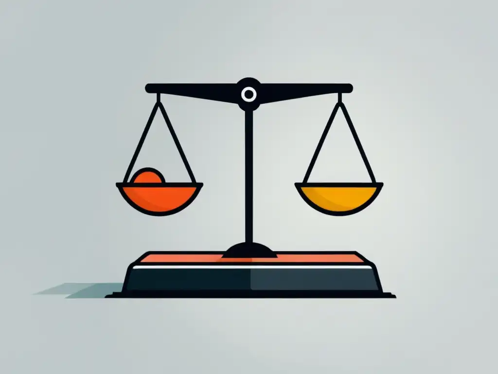 Austrian School vs Una ilustración digital minimalista de una balanza con un lado pesado simbolizando métodos de valoración tradicionales, y el otro lado levantado representa la perspectiva austriaca de valoración de empresas, en contraste sobre un fondo blanco limpio