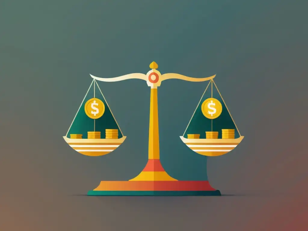 Desigualdad económica: ilustración minimalista de monedas Una ilustración digital minimalista de una balanza con montones de monedas en un lado y una sola moneda en el otro, simbolizando la desigualdad económica y los principios de la Escuela Austriaca de Economía