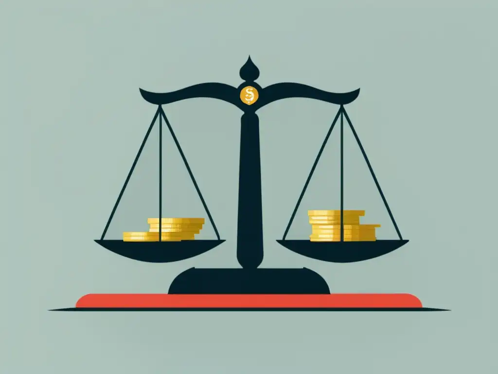 Una ilustración digital minimalista de una balanza con símbolos del monetarismo tradicional en un lado y símbolos de la propuesta austriaca en el otro