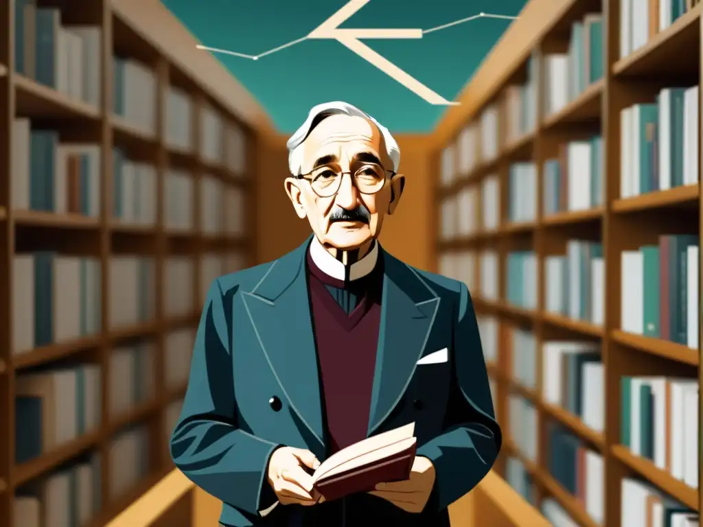 Friedrich Hayek en la Biblioteca: Reflexión Profunda Ilustración digital minimalista de Friedrich Hayek reflexionando en una biblioteca, rodeado de libros y papeles dispersos