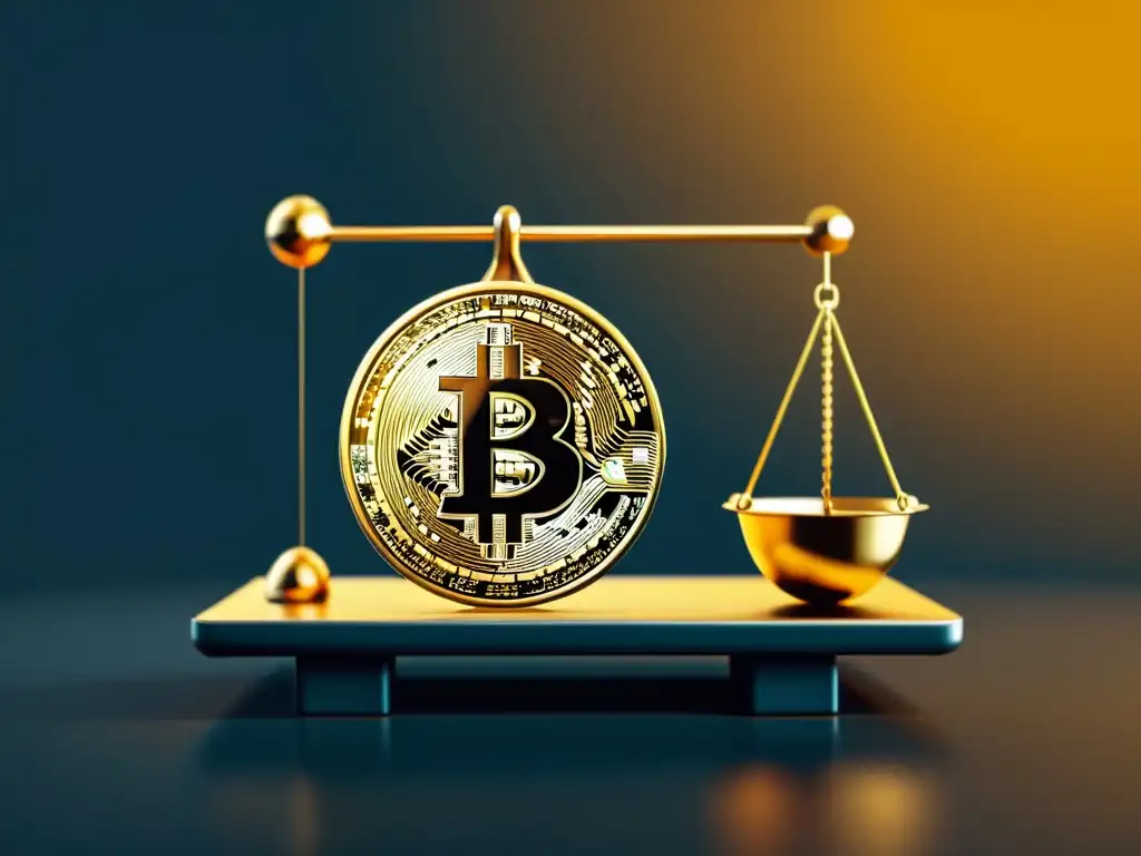 Una ilustración digital minimalista de un bitcoin dorado descansando en una balanza, simbolizando bitcoin como reserva de valor