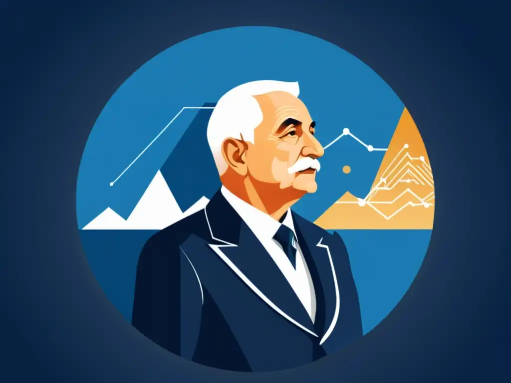 Ilustración digital minimalista de Ludwig von Mises con una ciudad futurista y símbolos de criptomonedas