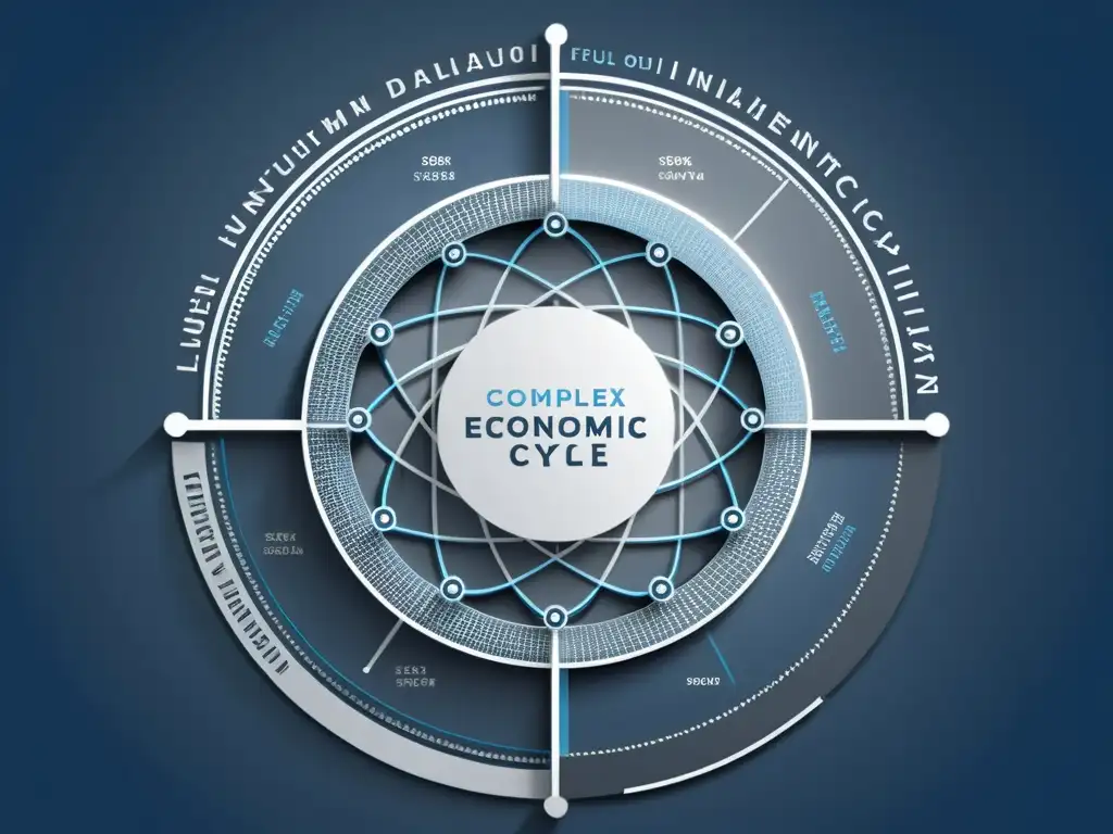 Ilustración digital minimalista de un complejo ciclo económico con nodos interconectados y líneas en tonos de azul y gris