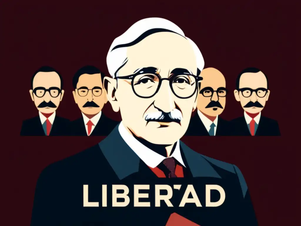 En la ilustración digital minimalista, Friedrich Hayek destaca con confianza frente a figuras sombrías, representando el colectivismo