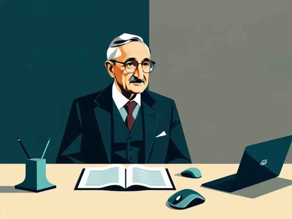 Una ilustración digital minimalista de Friedrich Hayek en su escritorio, rodeado de tecnología financiera futurista y algoritmos de roboadvisor