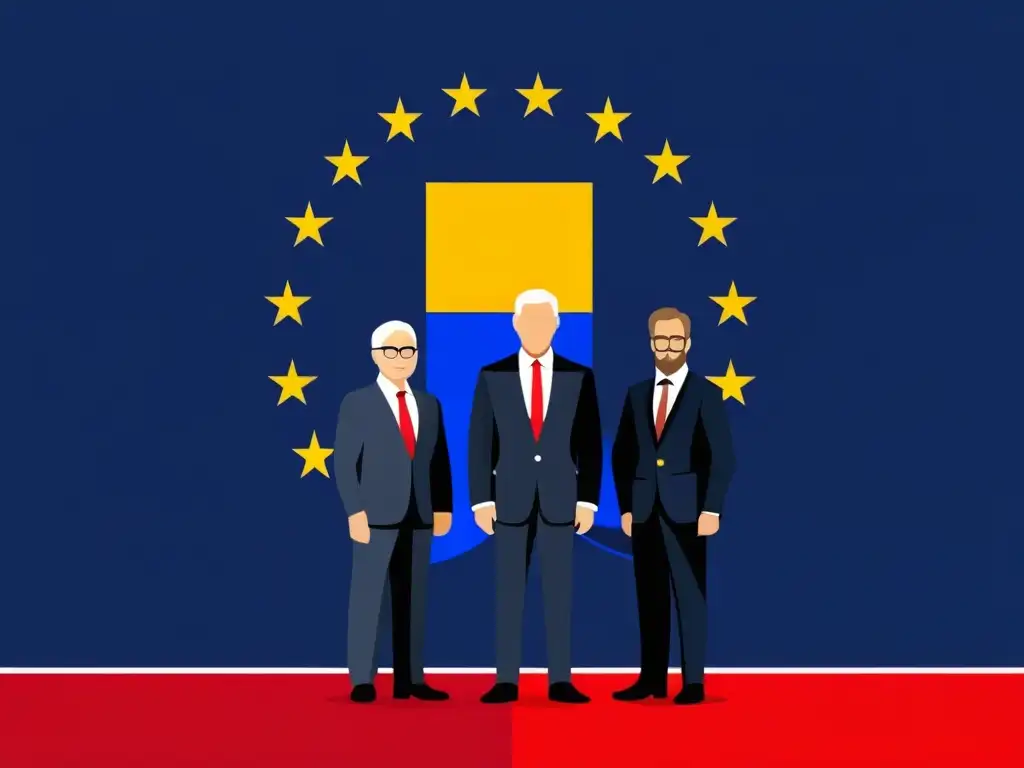 Ilustración digital minimalista de la Escuela Austriaca de Economía frente a la bandera de la Unión Europea, transmitiendo influencia y autoridad