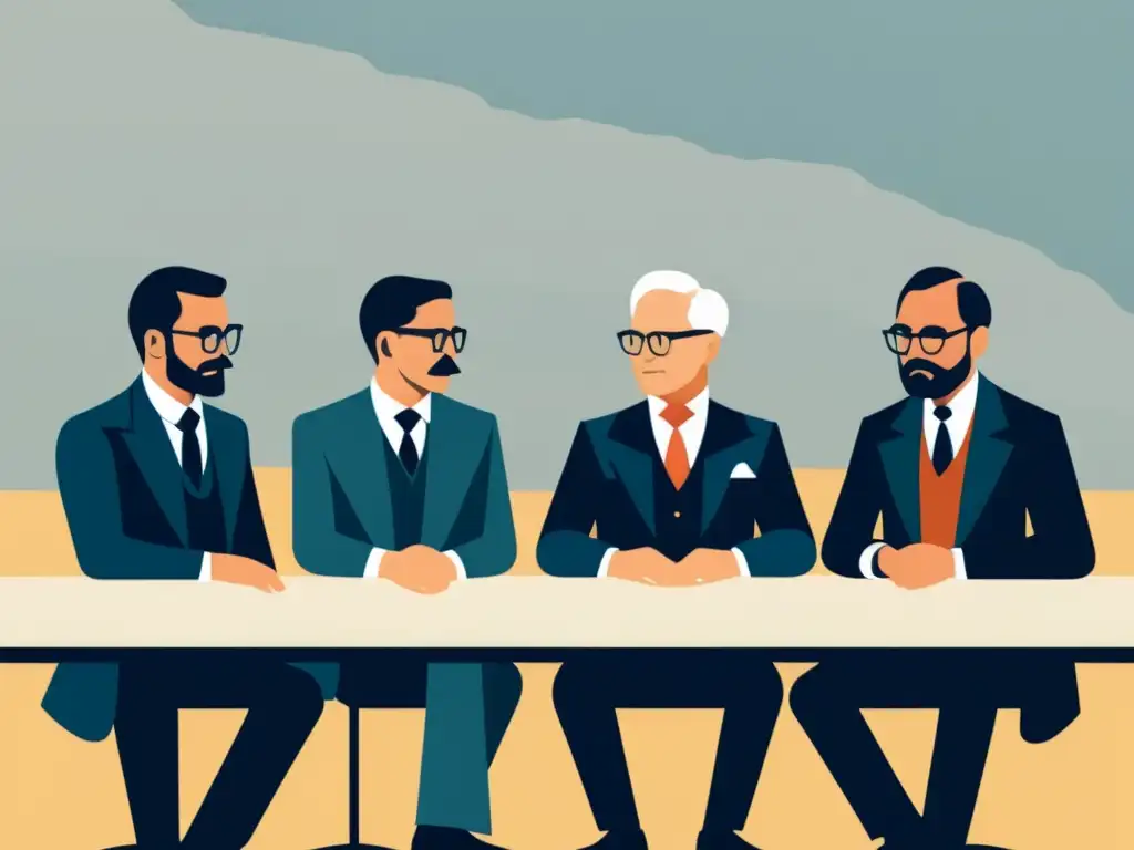 Debate económico: Mises, Hayek y Menger Ilustración digital minimalista de la Escuela Austriaca con Mises, Hayek y Menger debatiendo sobre desigualdad económica