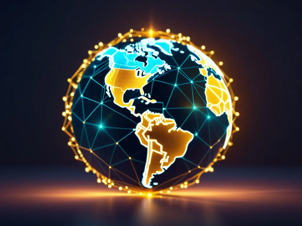 Una ilustración digital minimalista de una esfera formada por criptomonedas interconectadas, con un resplandor futurista y fondo oscuro