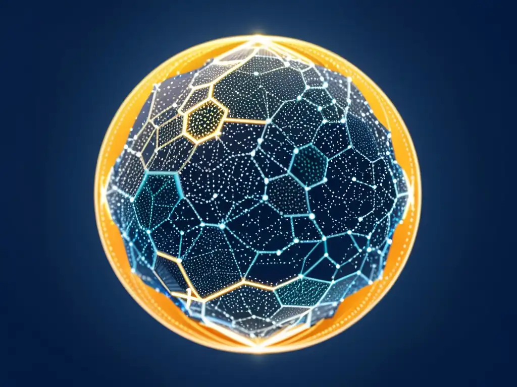 Ilustración digital minimalista de un globo formado por nodos interconectados de blockchain, con flujos de datos entre ellos