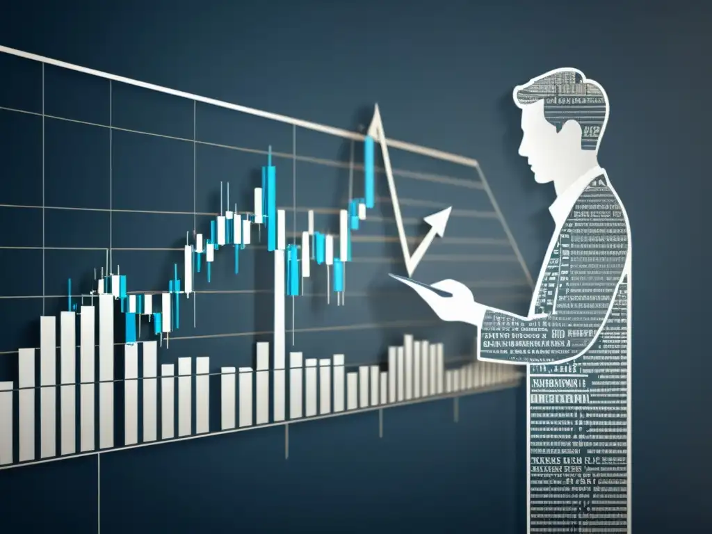 Una ilustración digital minimalista muestra un gráfico de velas con ecuaciones matemáticas y gráficos económicos