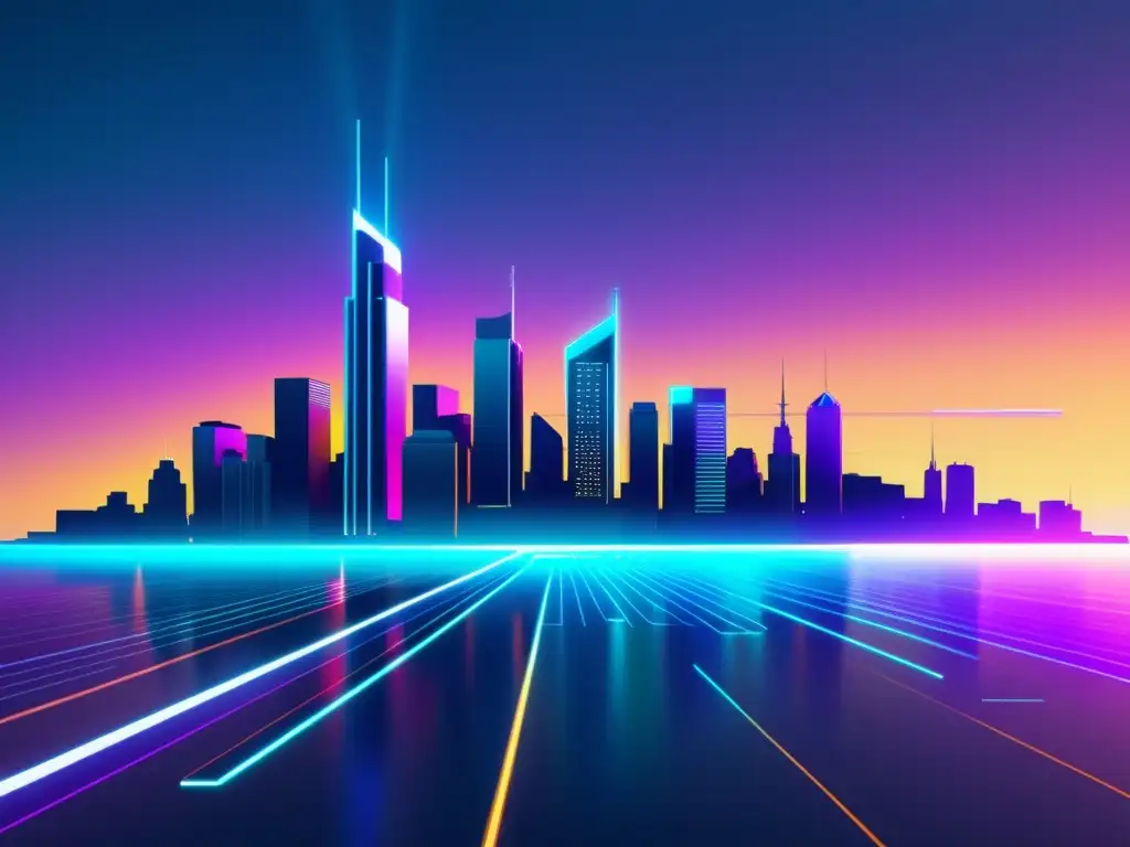 Una ilustración digital minimalista de un horizonte de ciudad futurista con edificios interconectados iluminados por líneas de datos brillantes, mostrando el impacto potencial de la IA en el sector financiero