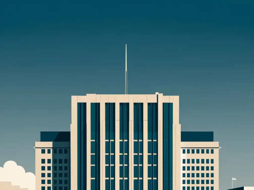 Una ilustración digital minimalista de un imponente edificio del banco central, proyectando poder y autoridad