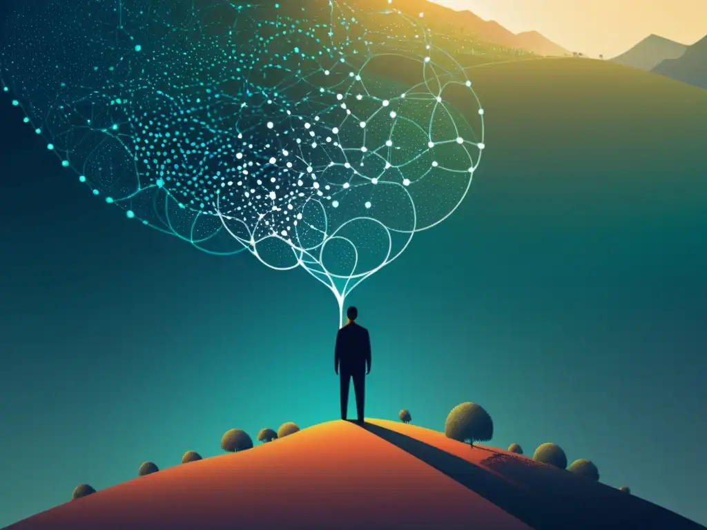 Impacto individual en la economía: ilustración minimalista Una ilustración digital minimalista que representa la importancia del individualismo metodológico en la economía, con una figura solitaria en un paisaje vasto y complejo de redes interconectadas