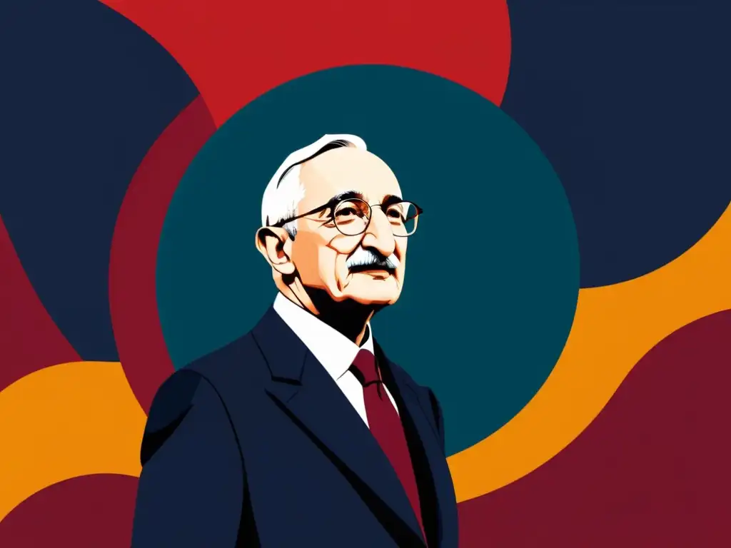 Friedrich Hayek en ilustración digital minimalista junto a un mitin político contemporáneo