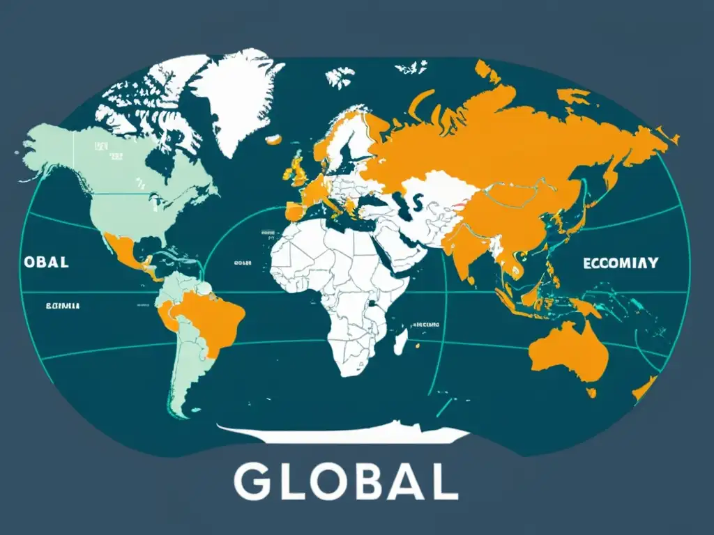 Una ilustración digital minimalista de un mapa global que representa las rutas comerciales y los intercambios económicos entre países