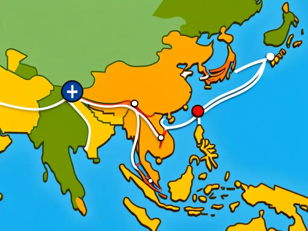 Una ilustración digital minimalista de un mapa de Asia con líneas y nodos que representan integración económica