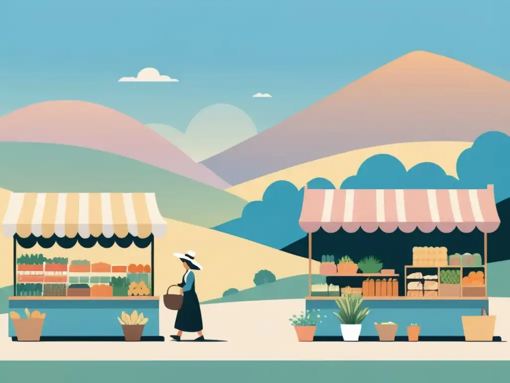 Una ilustración digital minimalista de un mercado tranquilo, con vendedores y clientes, rodeado de colinas y cielo azul