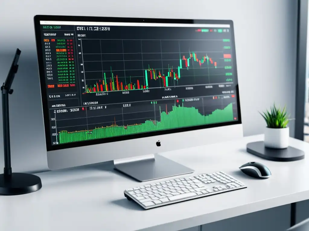 Una ilustración digital minimalista de un monitor de computadora moderno que muestra una compleja interfaz de trading algorítmico