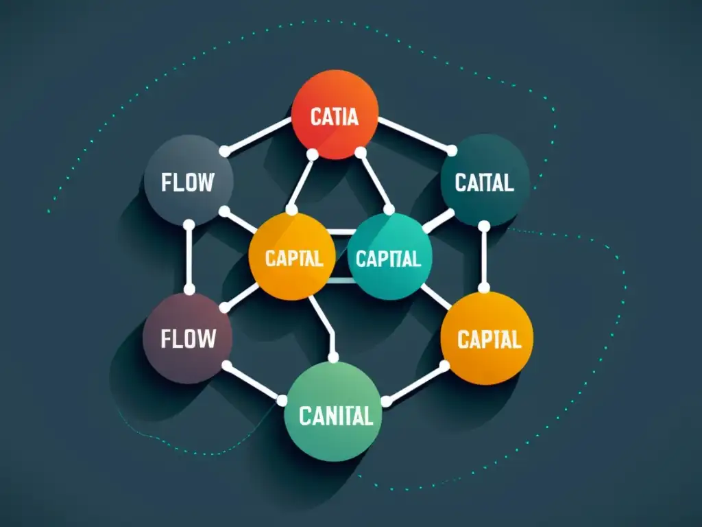 Una ilustración digital minimalista de nodos interconectados que representan la fluidez de la Teoría austriaca del capital en la era digital