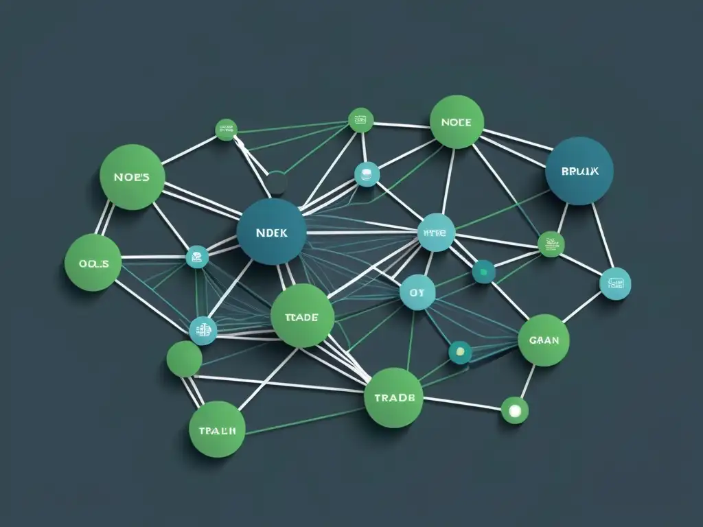 Una ilustración digital minimalista de nodos y líneas interconectados, simbolizando una red descentralizada en el entorno de trading