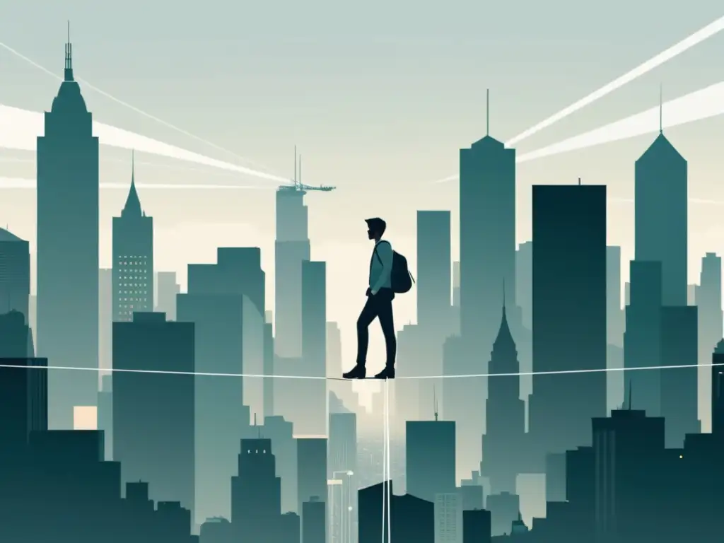 Inversión arriesgada: equilibrio en la cuerda floja Digital ilustración minimalista de persona en cuerda floja sobre ciudad, simbolizando la especulación en inversiones