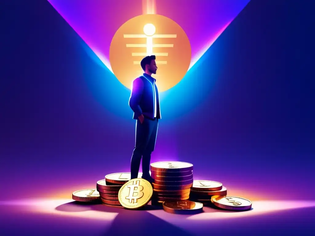 Una ilustración digital minimalista de una persona de pie con confianza sobre una pila de monedas futuristas de formas geométricas, con rayos de luz que emanan de ellas y proyectan un cálido resplandor en el rostro de la persona