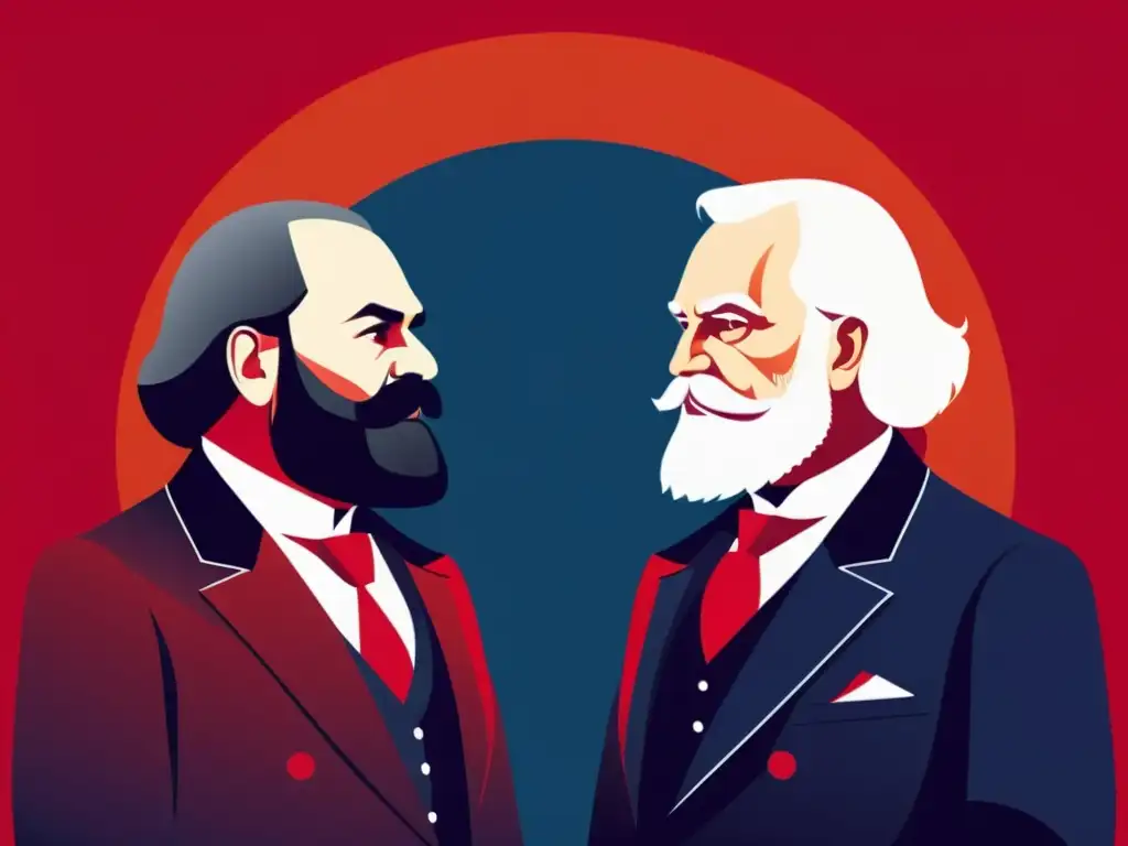 Karl Marx y Ludwig von Mises discuten intensamente en una ilustración digital minimalista, representando la dialéctica Marx Mises praxeología con pasión y contraste de ideas