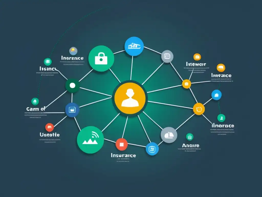 Una ilustración digital minimalista de una red de compañías de seguros interconectadas, transmitiendo la dispersión de información en la industria