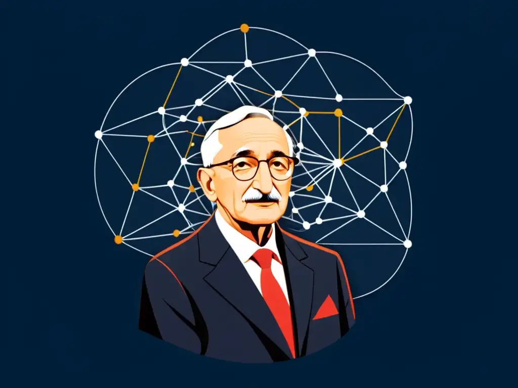 Ilustración digital minimalista de Friedrich Hayek rodeado de redes neuronales interconectadas y nodos de datos, simbolizando la integración de la inteligencia artificial con los principios de la Escuela Austriaca de Economía