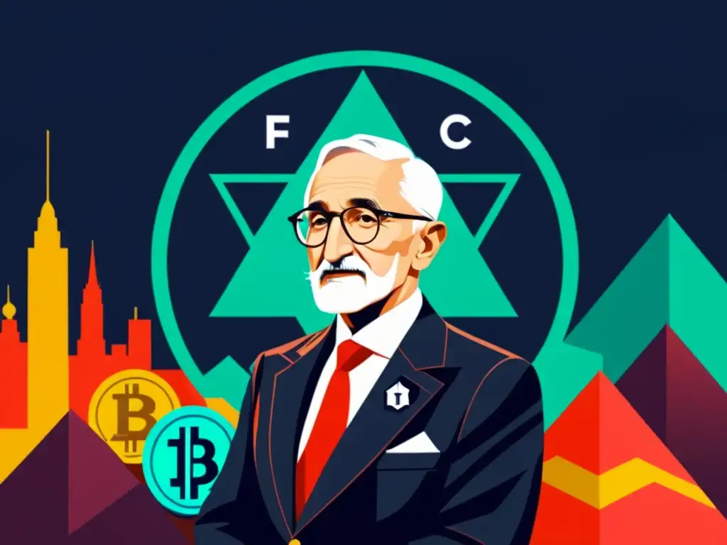 Friedrich Hayek: Visión cripto-futurista Una ilustración digital minimalista muestra a Friedrich Hayek rodeado de símbolos de criptomonedas, con una ciudad futurista de fondo