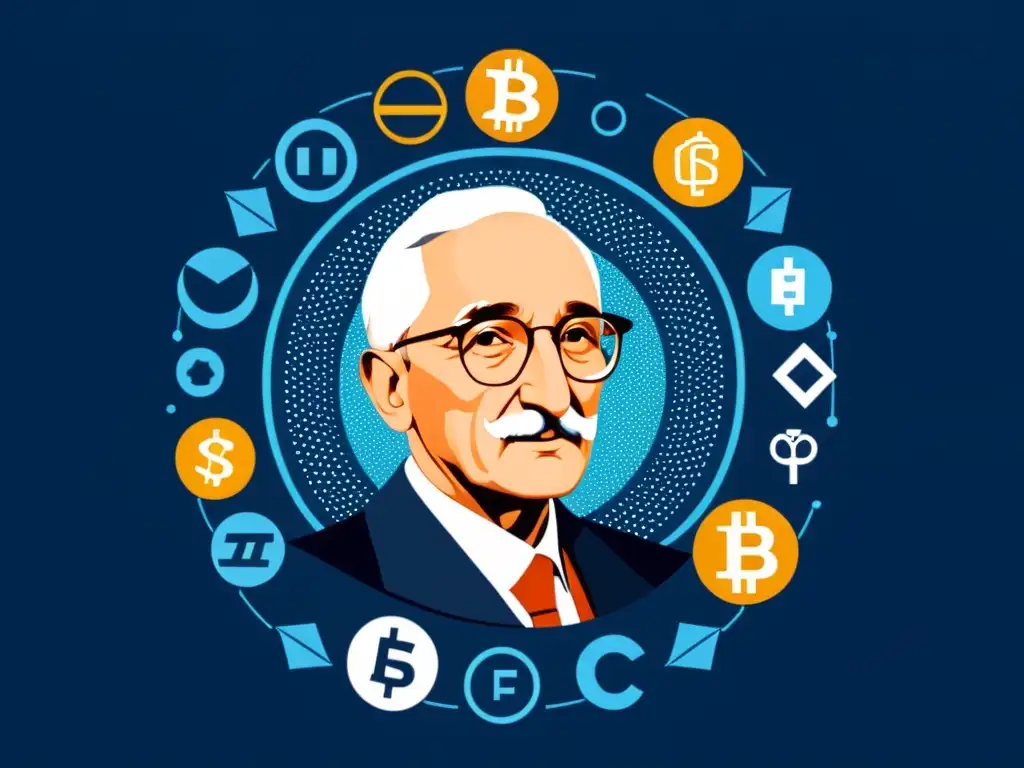 Friedrich Hayek y criptomonedas: una ilustración minimalista y futurista Una ilustración digital minimalista de Friedrich Hayek rodeado de símbolos de criptomonedas modernas, con una estética elegante y futurista
