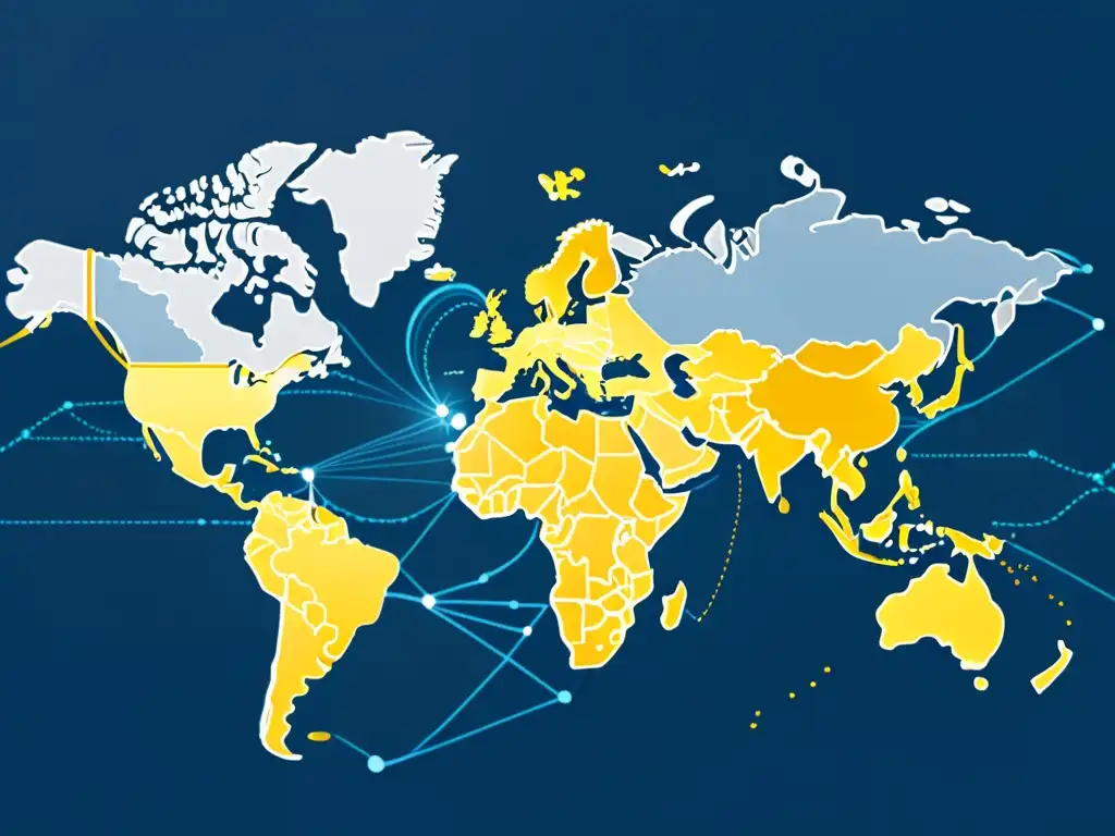 Una ilustración digital minimalista de rutas comerciales globales interconectadas, con monedas y productos fluyendo entre continentes
