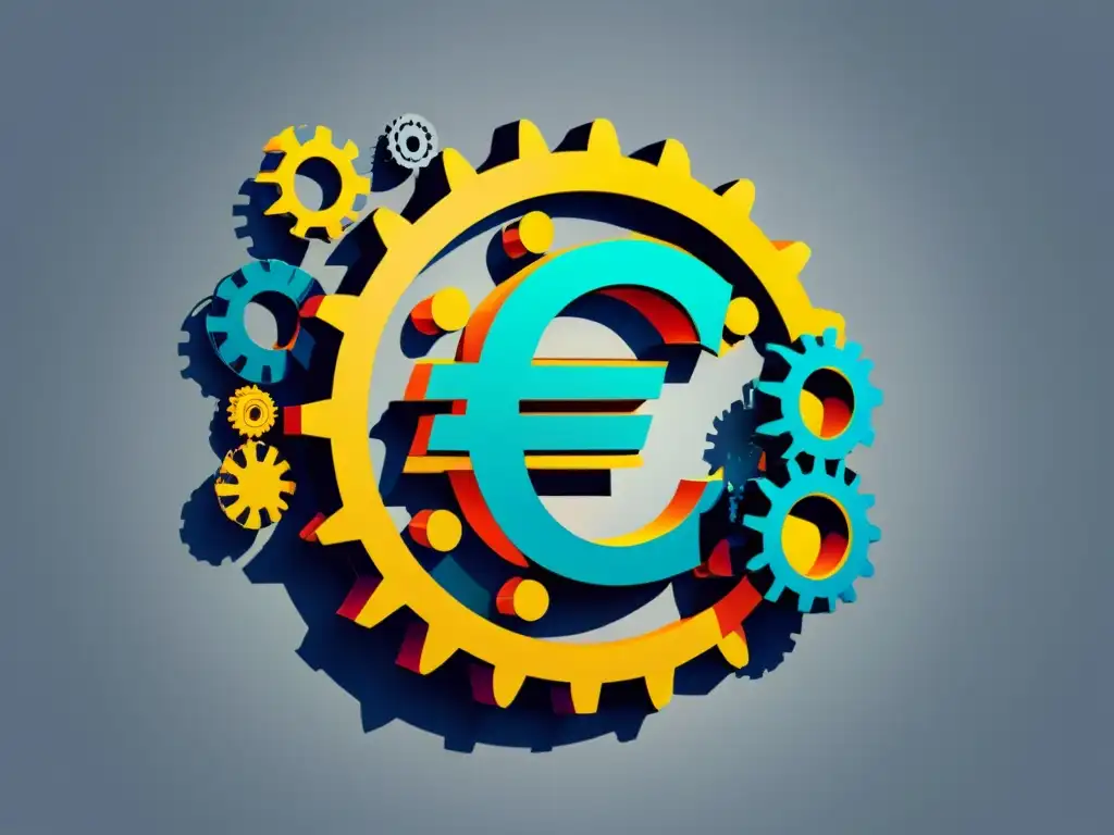 Una ilustración digital minimalista del símbolo del euro emergiendo de una compleja red de engranajes, simbolizando la intricada creación del euro desde la Escuela Austriaca