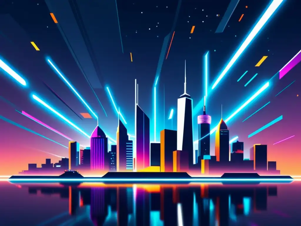 Una ilustración digital minimalista de un skyline futurista con edificios metálicos y de vidrio, tecnología avanzada integrada