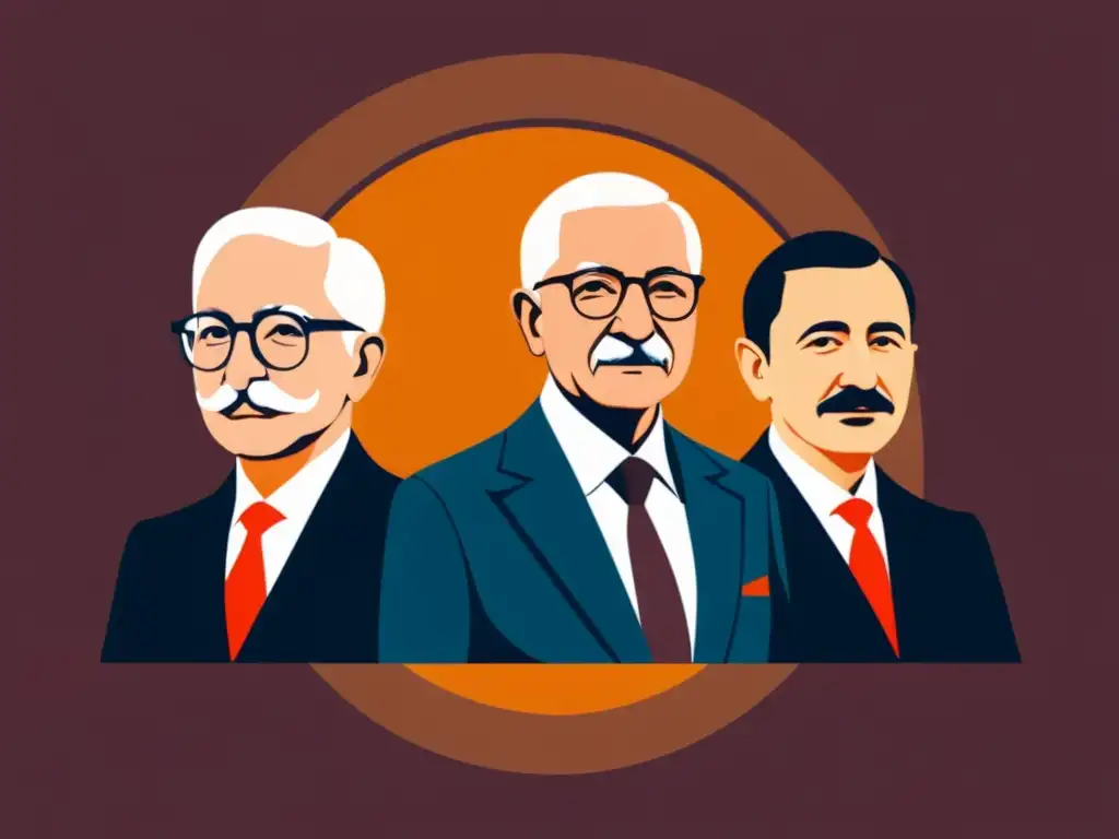 Una ilustración digital minimalista de teóricos económicos austriacos como Ludwig von Mises, Friedrich Hayek y Carl Menger, proyectando sabiduría atemporal