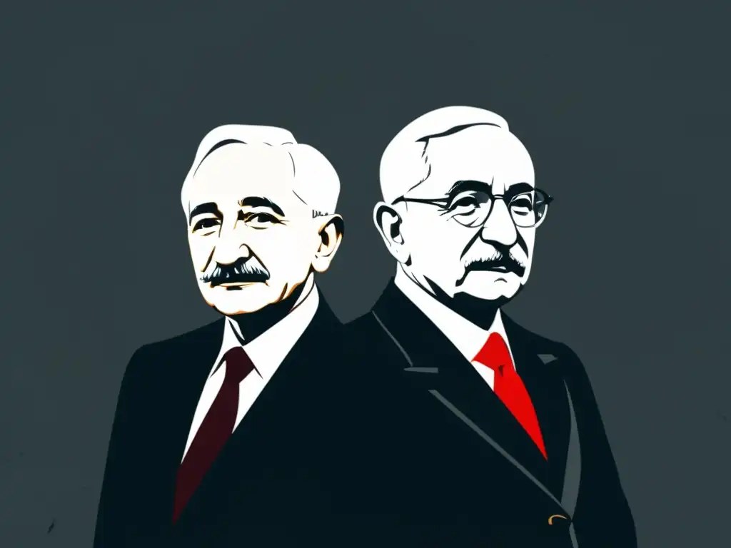 Digital ilustración en tonos grises de Ludwig von Mises y Friedrich Hayek frente a hiperinflación en Venezuela