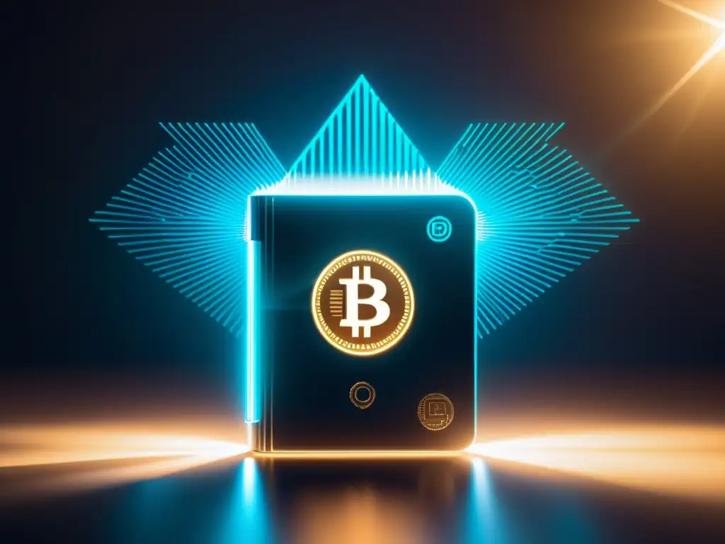 Wallet digital transparente flotando con destellos de luz, simbolizando la descentralización monetaria y la libertad financiera