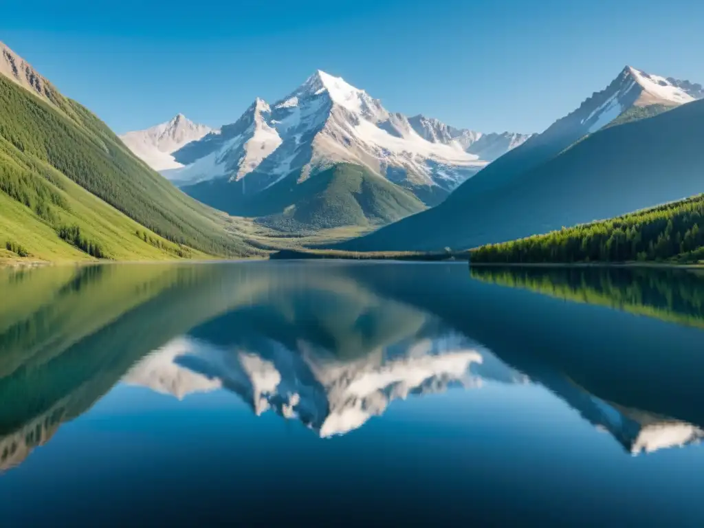 Tranquilidad en lago de montaña nevado Dilema de los seguros en economía austriaca: tranquila laguna de montaña reflejando picos nevados bajo cielo azul
