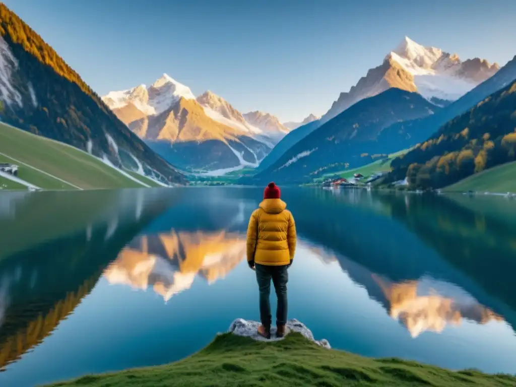 Atardecer sereno en los Alpes austriacos Dilema de los seguros en economía austriaca: Atardecer sereno en los Alpes austriacos, con picos nevados reflejando la luz dorada del sol sobre un tranquilo lago