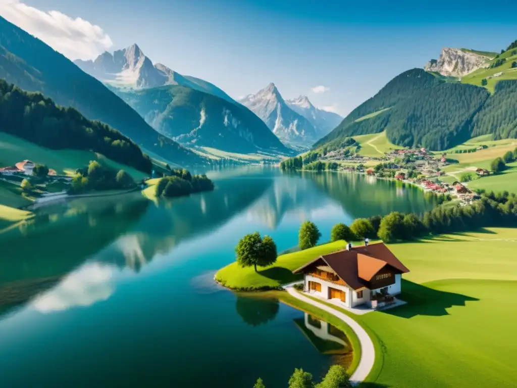 Serena belleza alpina austriaca: 8k ultradetallada Dilema de los seguros en economía austriaca: paisaje sereno austriaco con colinas, lago cristalino y pueblo alpino