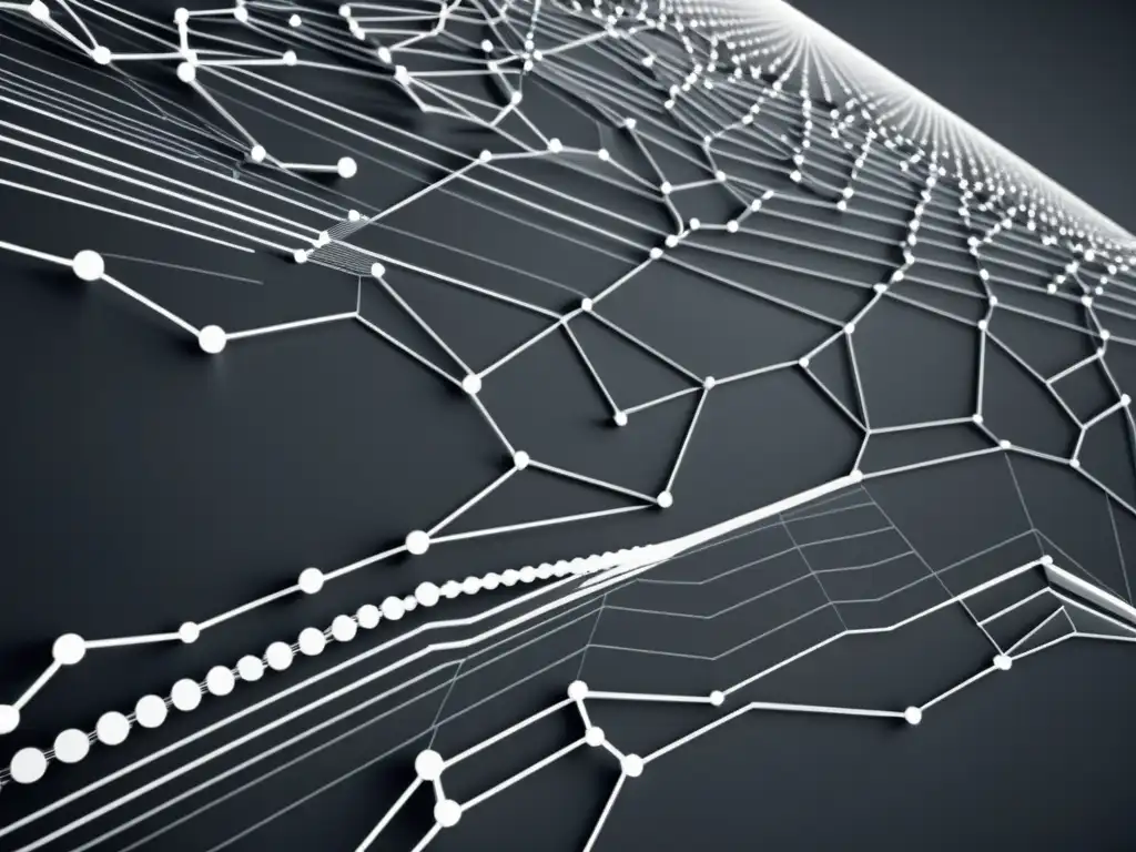 Interconexión dinámica de nodos y flujos de datos en blanco y negro, evocando integración tecnológica y financiera