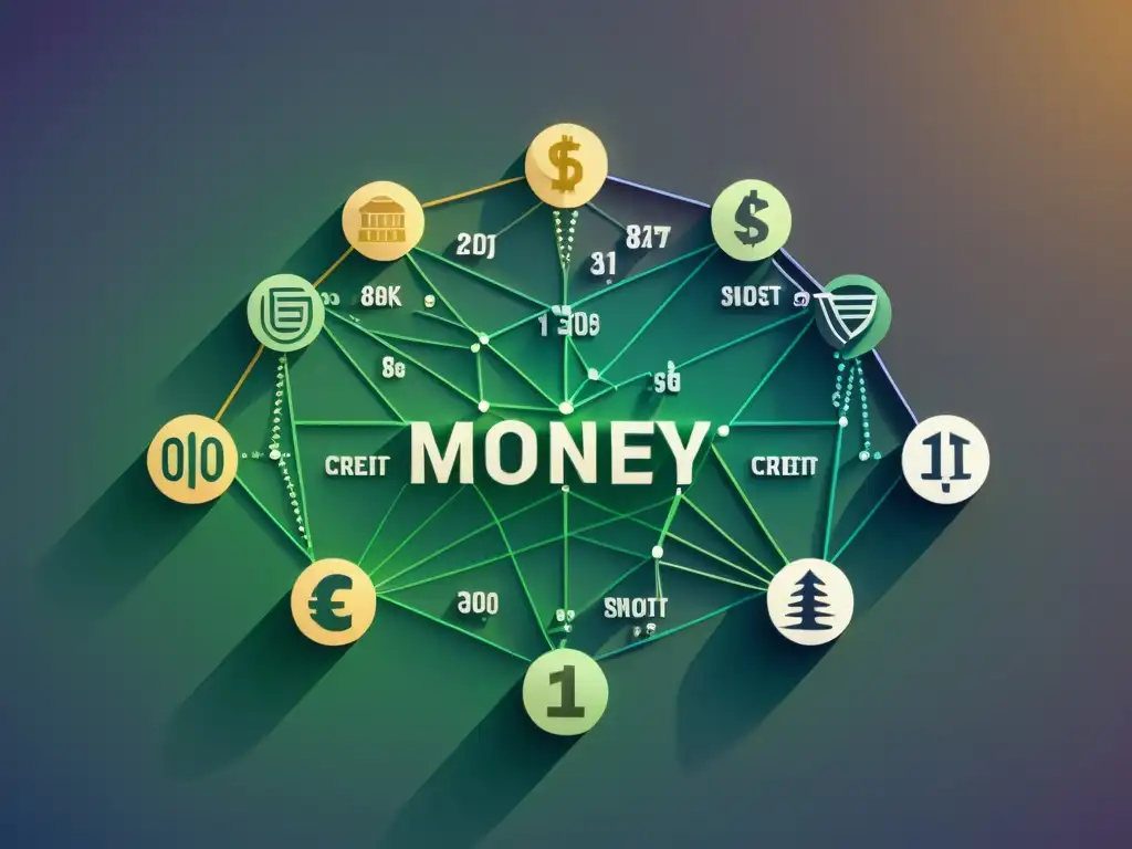 Una representación en 8k de la evolución del dinero y crédito según Mises, con un diseño moderno y detallado