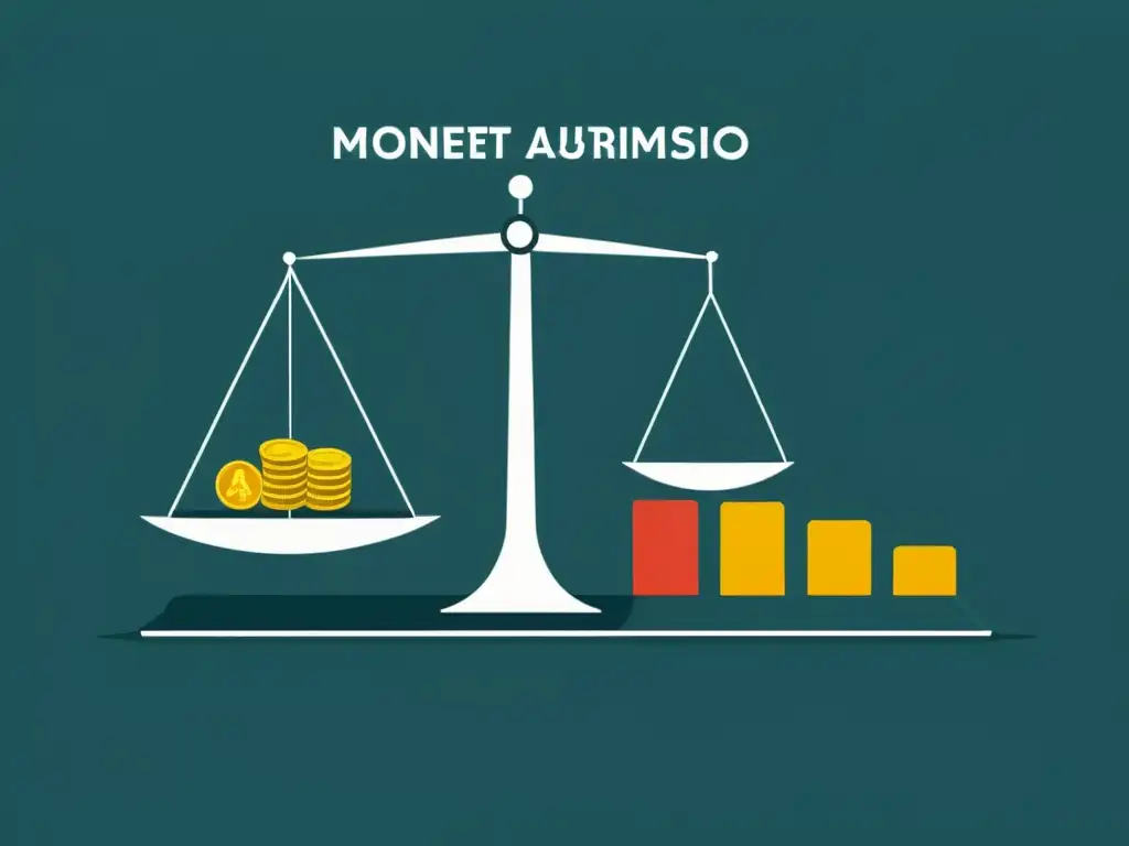 Un diseño minimalista de escala con 'Monetarismo' y 'Escuela Austriaca' en lados opuestos, representando la dicotomía económica en la Era Digital